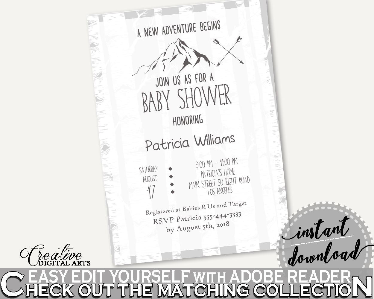 Invitation Baby Shower Invitation Adventure Mountain Baby Shower Invitation Gray White Baby Shower Adventure Mountain Invitation S67CJ - Digital Product