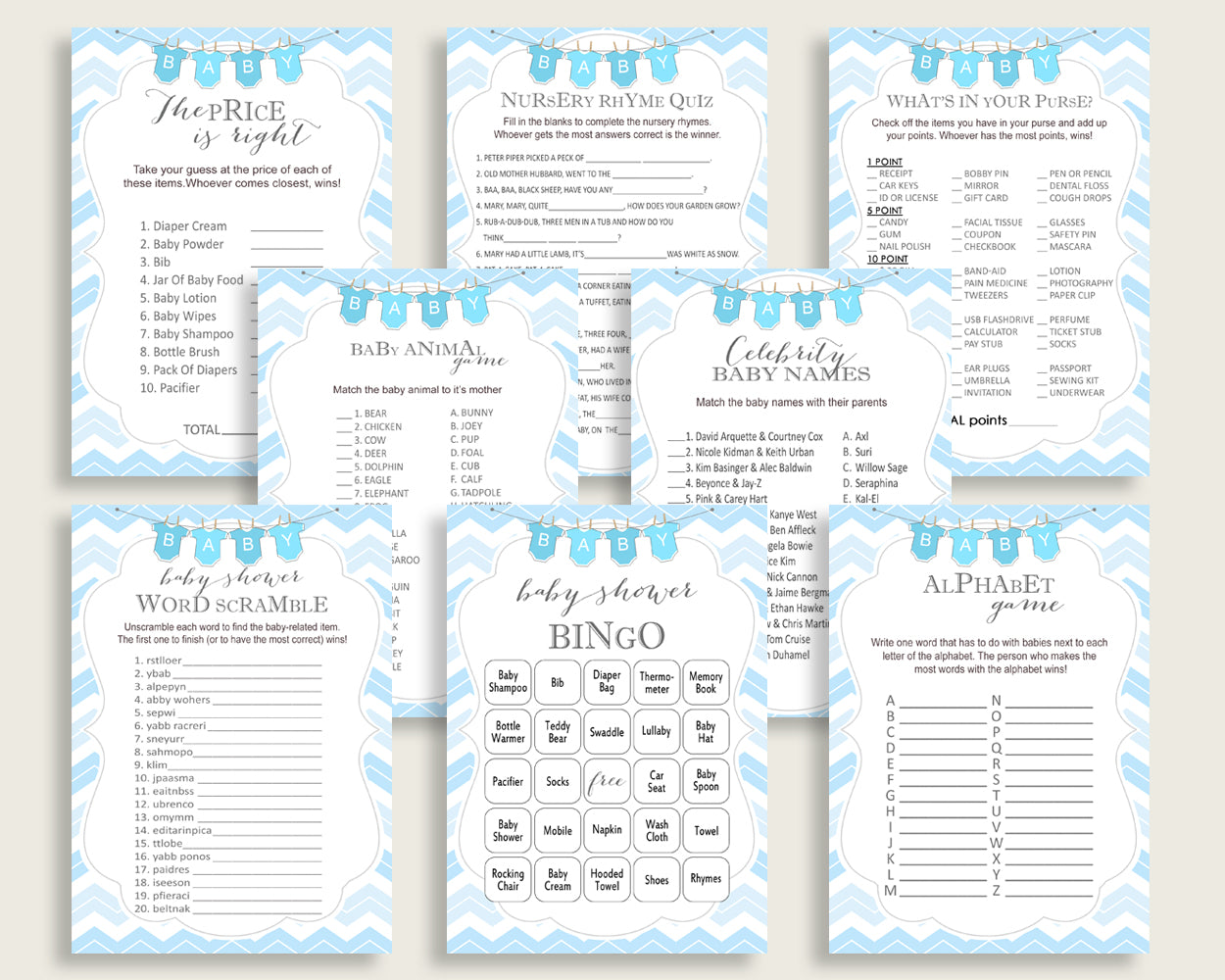 Chevron Baby Shower Games Printable Pack, Blue White Baby Shower Games Package Boy, Chevron Games Bundle Set, Instant Download, cbl01