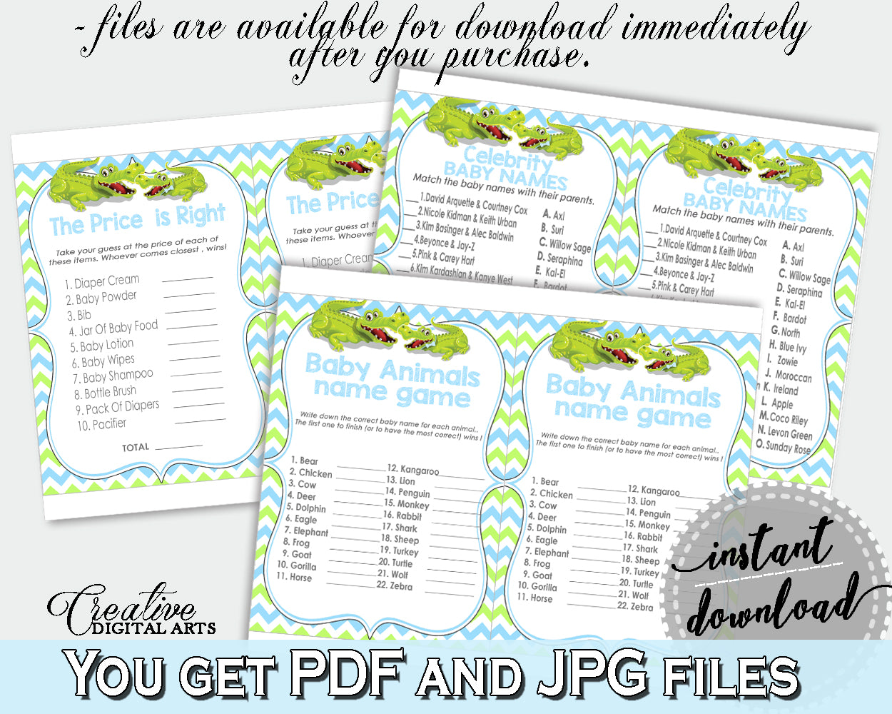 Blue and Green Baby Shower games package bundle printable with Green Alligator Crocodile for boys - Instant Download - ap002