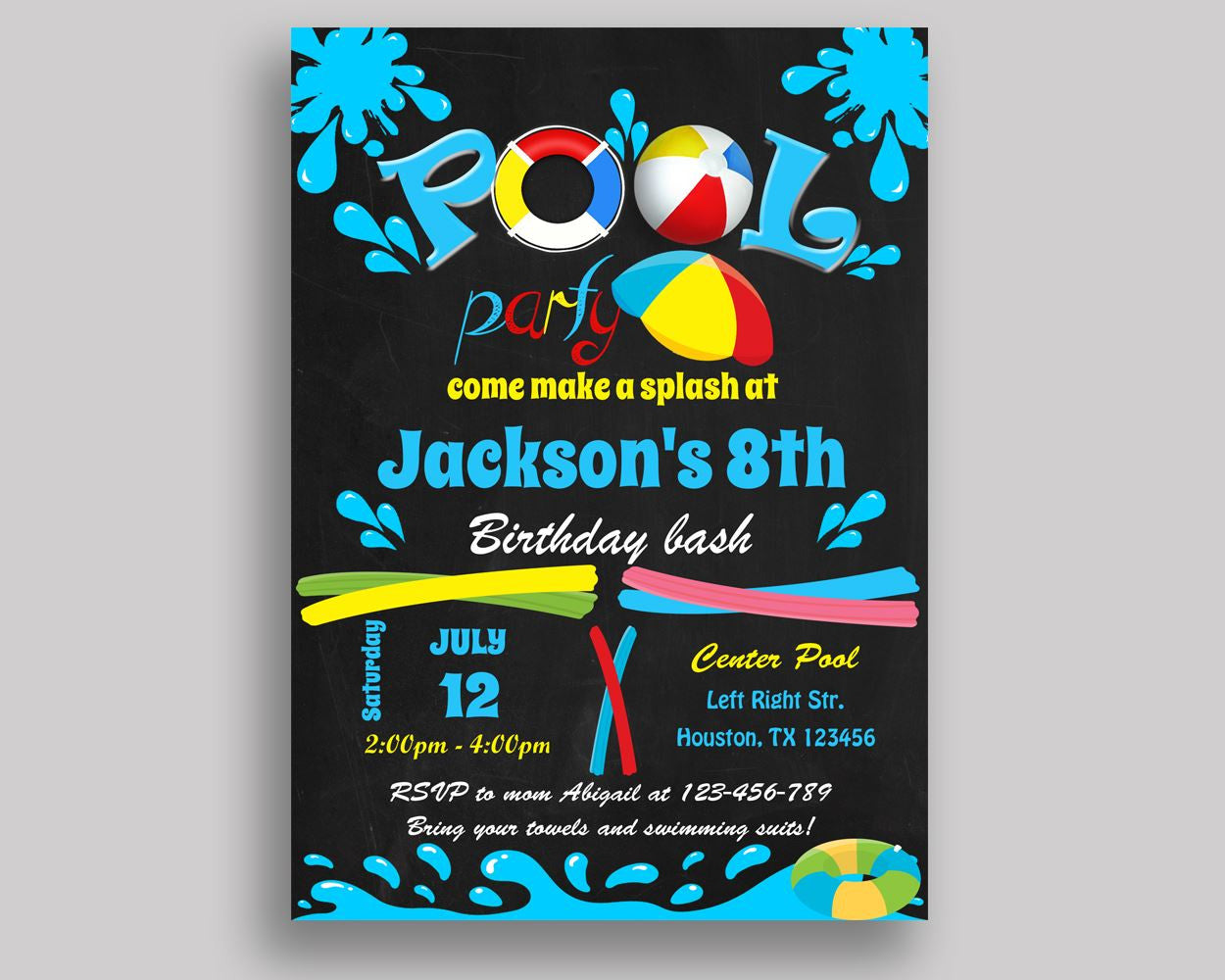 Pool Bash Birthday Invitation Pool Bash Birthday Party Invitation Pool Bash Birthday Party Pool Bash Invitation Boy Girl colorful RHA49 - Digital Product