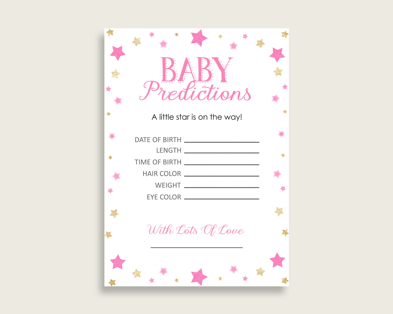 Twinkle Star Baby Shower Prediction Cards & Sign Printable, Pink Gold Baby Prediction Game Girl, Instant Download, Most Popular bsg01