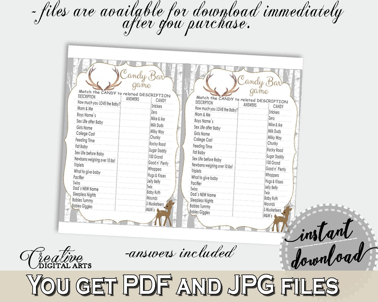 Candy Bar Game Baby Shower Candy Bar Game Deer Baby Shower Candy Bar Game Baby Shower Deer Candy Bar Game Gray Brown - Z20R3 - Digital Product