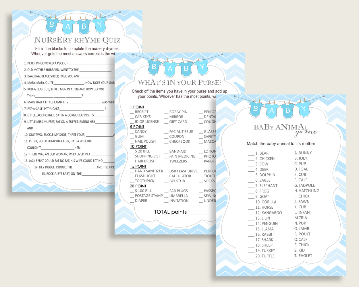 Chevron Baby Shower Games Printable Pack, Blue White Baby Shower Games Package Boy, Chevron Games Bundle Set, Instant Download, cbl01