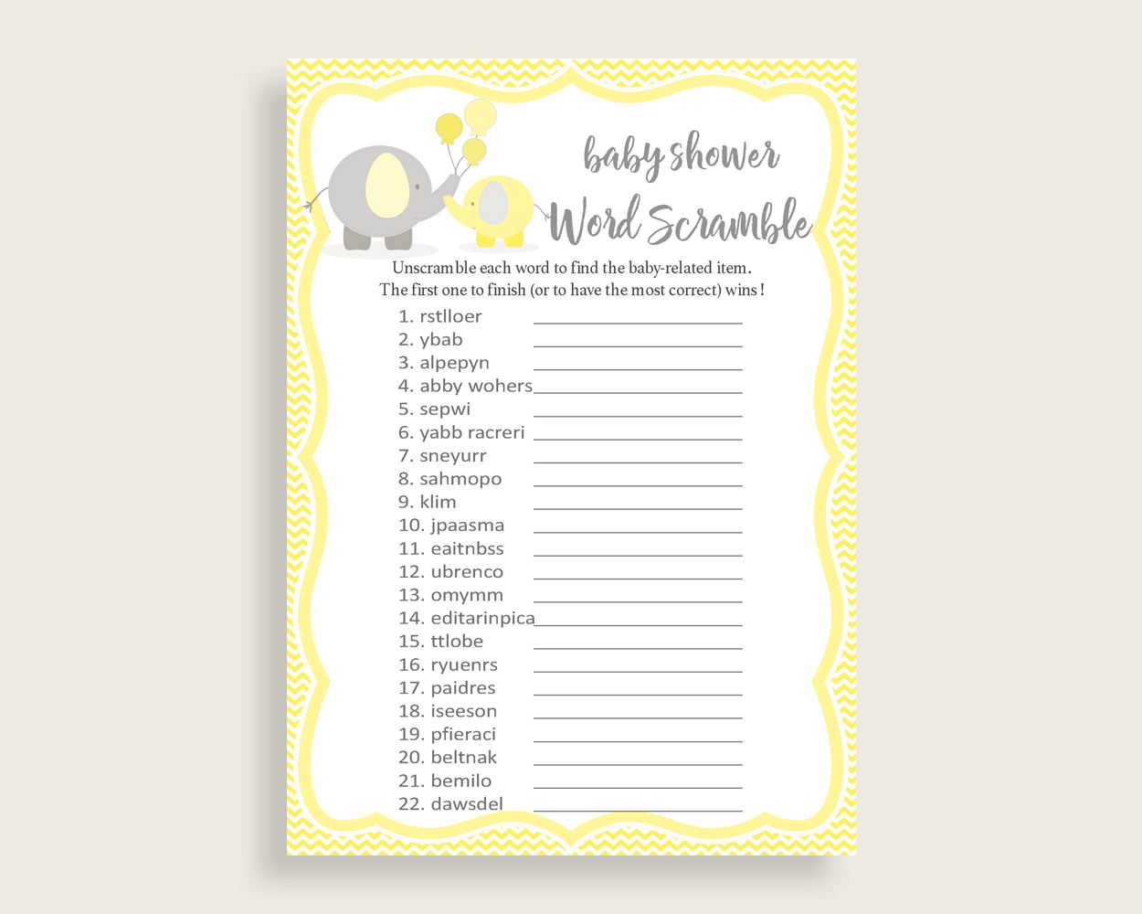 Word Scramble Baby Shower Word Scramble Yellow Baby Shower Word Scramble Baby Shower Elephant Word Scramble Yellow Gray party ideas W6ZPZ