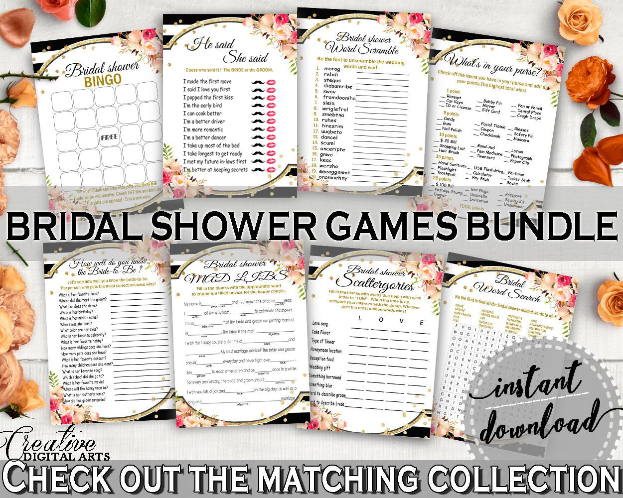 Games Bundle in Flower Bouquet Black Stripes Bridal Shower Black And Gold Theme, shower games, floral assortment, party organization - QMK20 - Digital Product