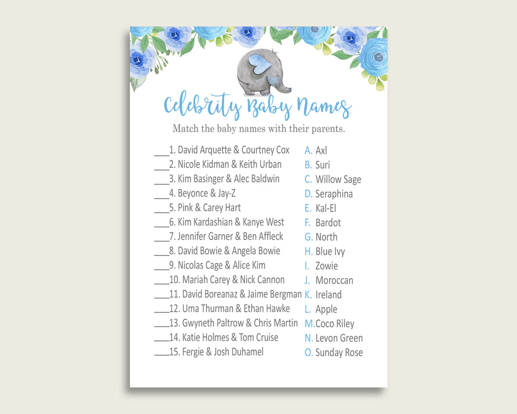 Blue Gray Celebrity Baby Names, Elephant Blue Baby Shower Boy Name Game Printable, Celebrity Match Game, Famous Babies Game, Celebrity ebl01