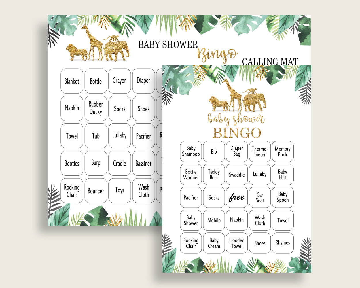 Jungle Baby Shower Bingo Cards Printable, Gold Green Baby Shower Gender Neutral, 60 Prefilled Bingo Game Cards, Tropical Animals EJRED