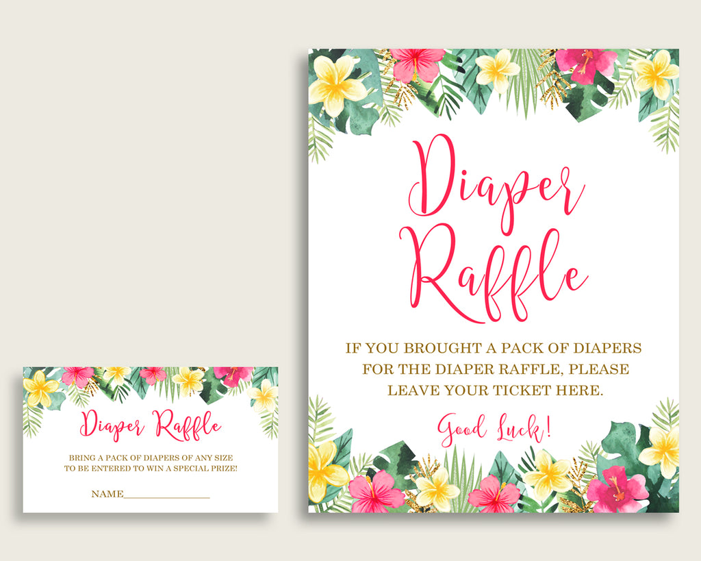 Hawaiian Baby Shower Diaper Raffle Tickets Game, Girl Pink Green Diaper Raffle Card Insert and Sign Printable, Instant Download 955MG
