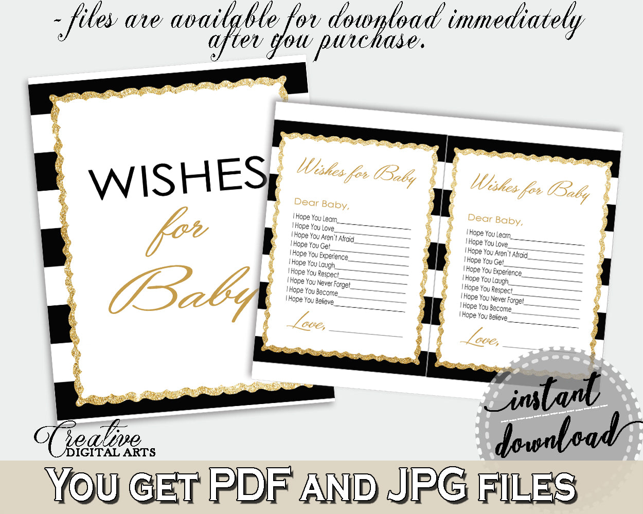 WISHES FOR BABY activity advice for baby shower with black stripes color theme printable, glitter gold, Jpg Pdf, instant download - bs001