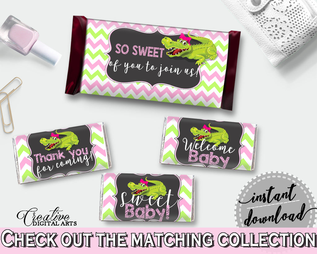 Baby shower CANDY BAR decoration wrappers and labels printable with green alligator and pink color theme for girl, instant download - ap001