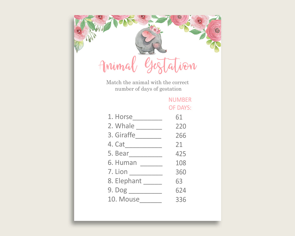 Pink Elephant Animal Pregnancy Gestation Game, Pink Grey Baby Shower Girl Printable Activities, Instant Download, Mammoth Safari Theme ep001