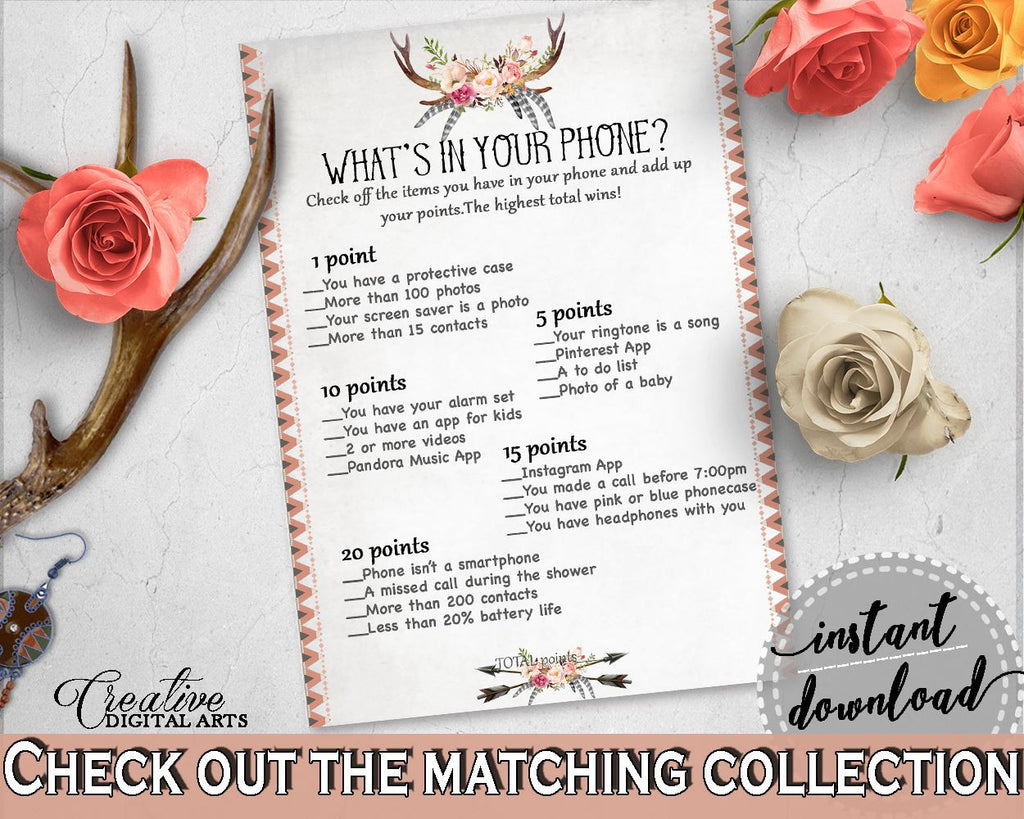 Gray and Pink Antlers Flowers Bohemian Bridal Shower Theme: What's In Your Phone Game - phone shower game, shower activity, prints - MVR4R - Digital Product