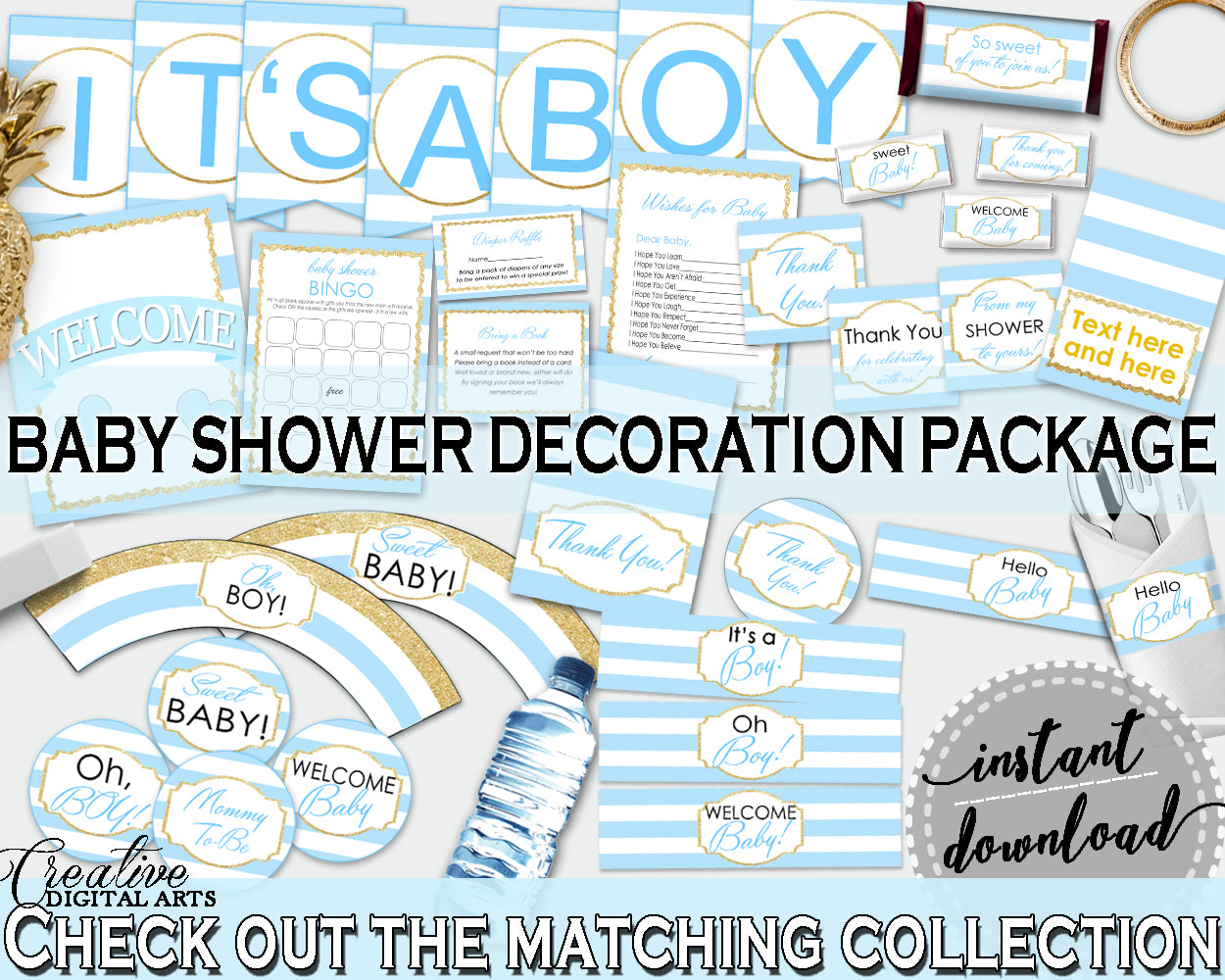 Baby Shower Decoration package bundle printable with Blue Stripes for boys, digital Jpg Pdf - Instant Download - bs002