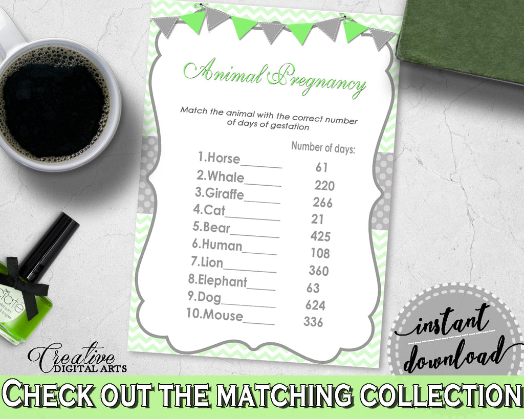 Baby Shower ANIMAL PREGNANCY game with green chevron printable, neutral baby shower, digital files, Jpg and Pdf, instant download - cgr01