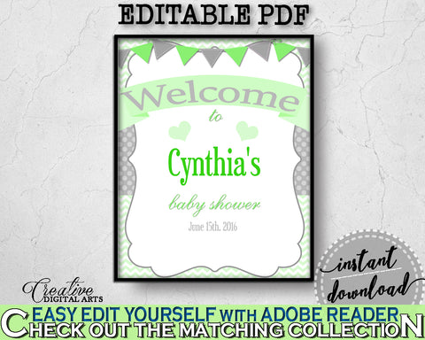 Baby Boy Girl Shower WELCOME sign editable with chevron green color theme printable, digital files, instant download - cgr01