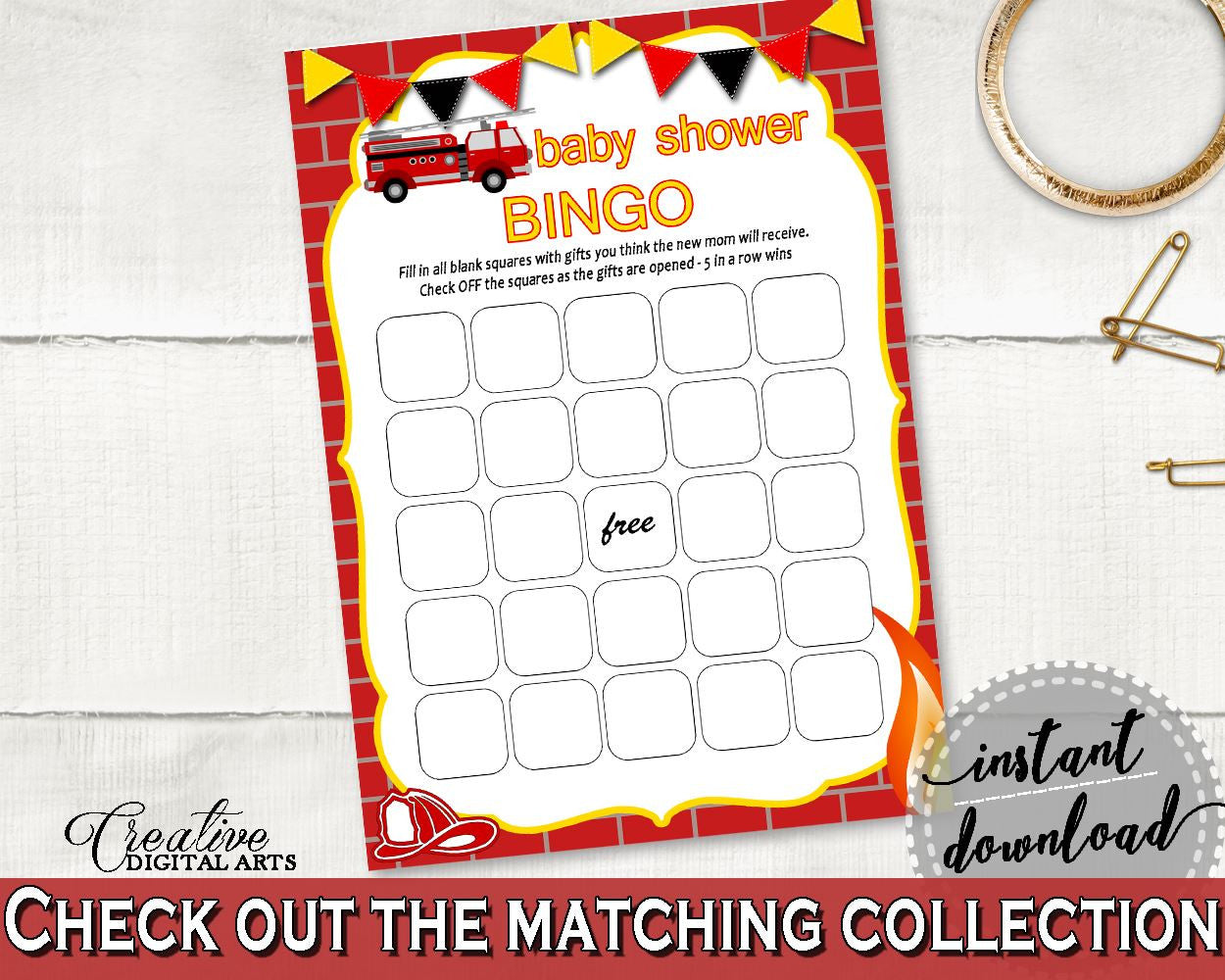 Empty Bingo Baby Shower Empty Bingo Fireman Baby Shower Empty Bingo Red Yellow Baby Shower Fireman Empty Bingo - LUWX6 - Digital Product