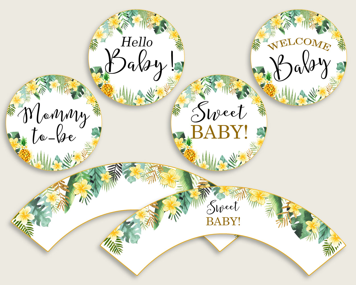 Tropical Cupcake Toppers, Green Yellow Cupcake Wrappers, Toppers Wrappers Baby Shower Gender Neutral, Instant Download, Hawaiian Luau 4N0VK