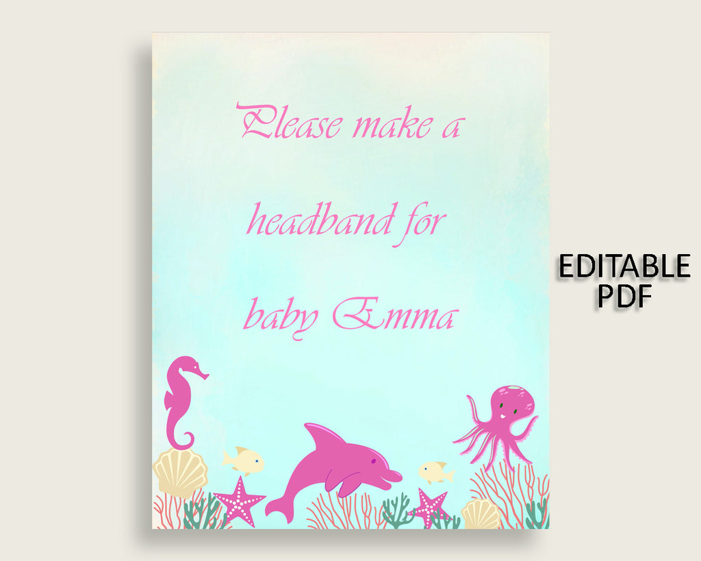Under The Sea Baby Shower Headband Sign, Pink Green Headband Station Sign Editable, Girl Shower Headband For Baby, Instant Download, uts01