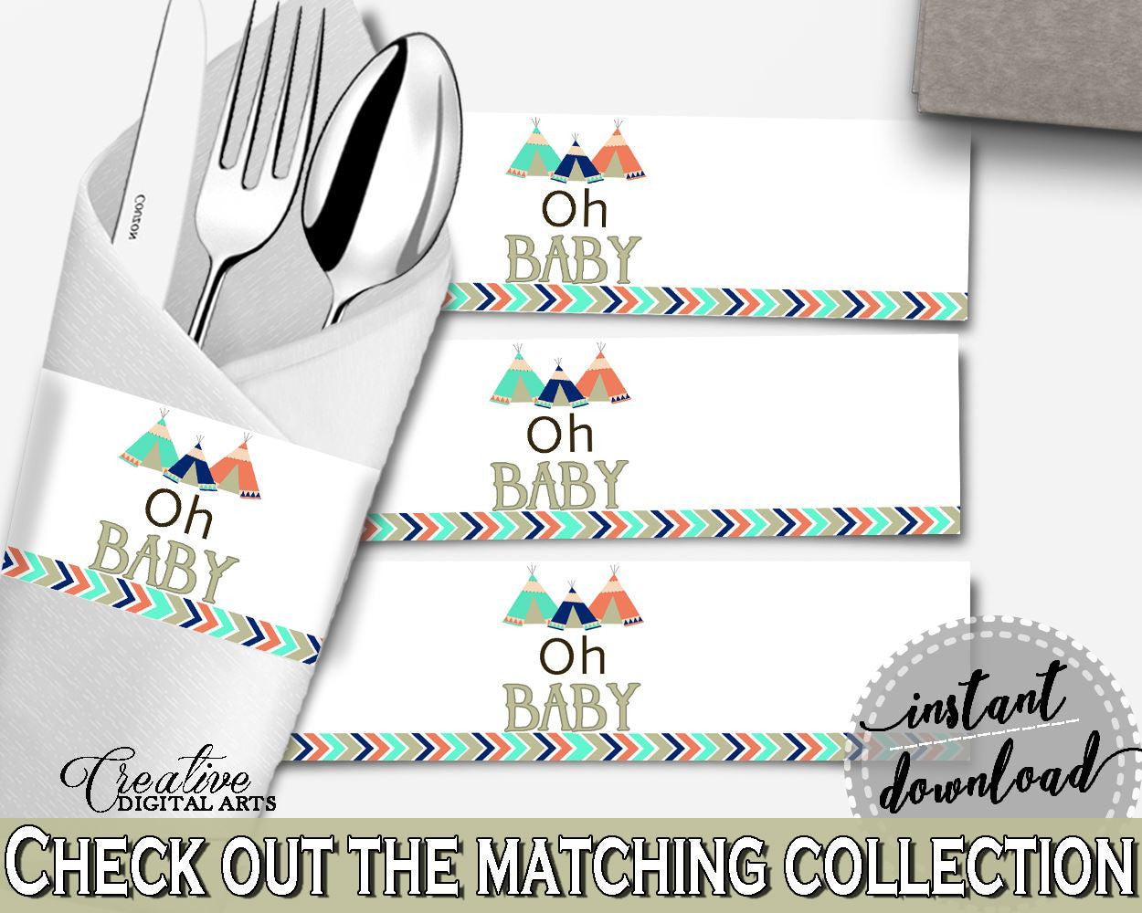 Napkin Rings Baby Shower Napkin Rings Tribal Teepee Baby Shower Napkin Rings Baby Shower Tribal Teepee Napkin Rings Green Navy - KS6AW - Digital Product