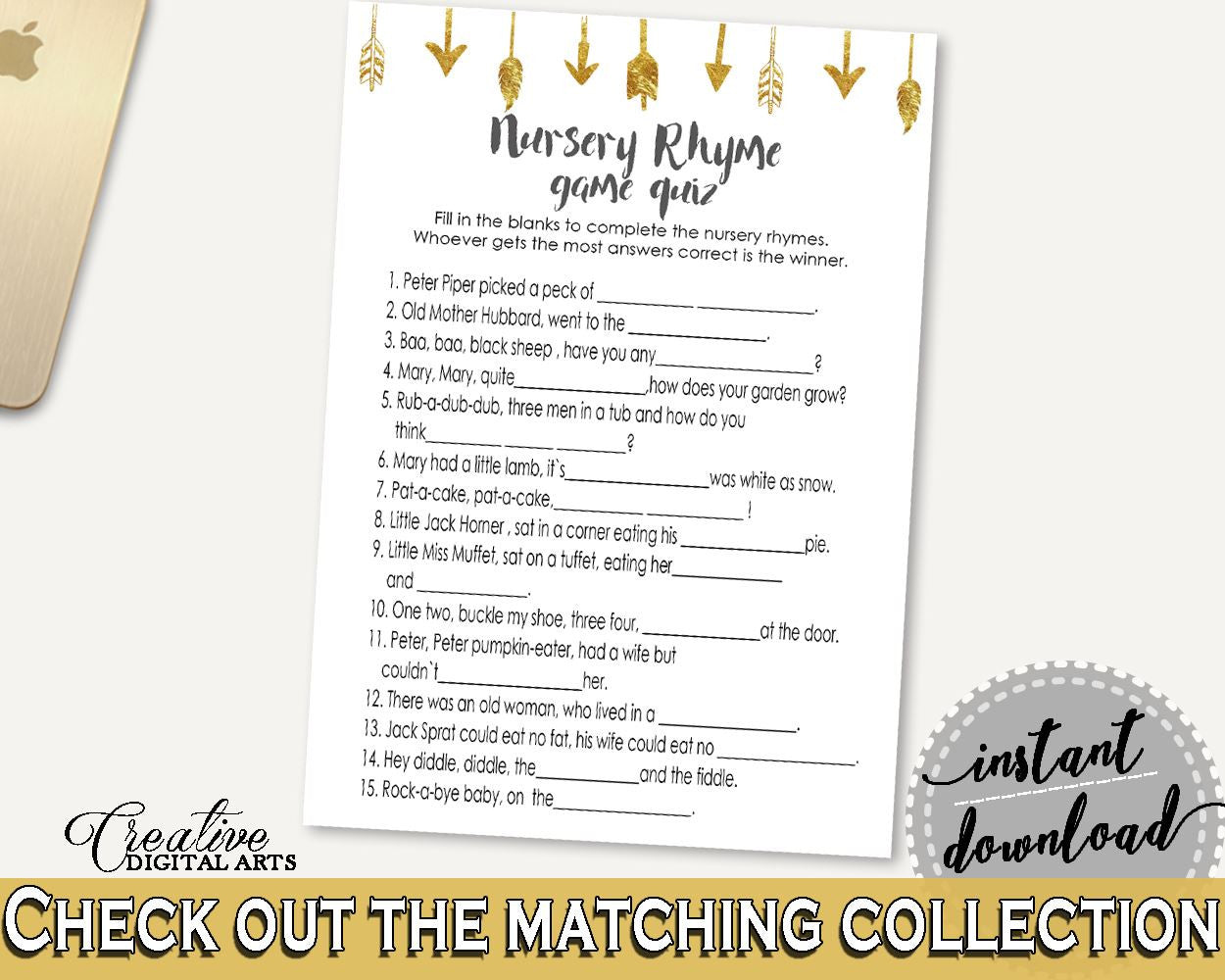 Nursery Rhyme Quiz Baby Shower Nursery Rhyme Quiz Gold Arrows Baby Shower Nursery Rhyme Quiz Baby Shower Gold Arrows Nursery Rhyme I60OO - Digital Product