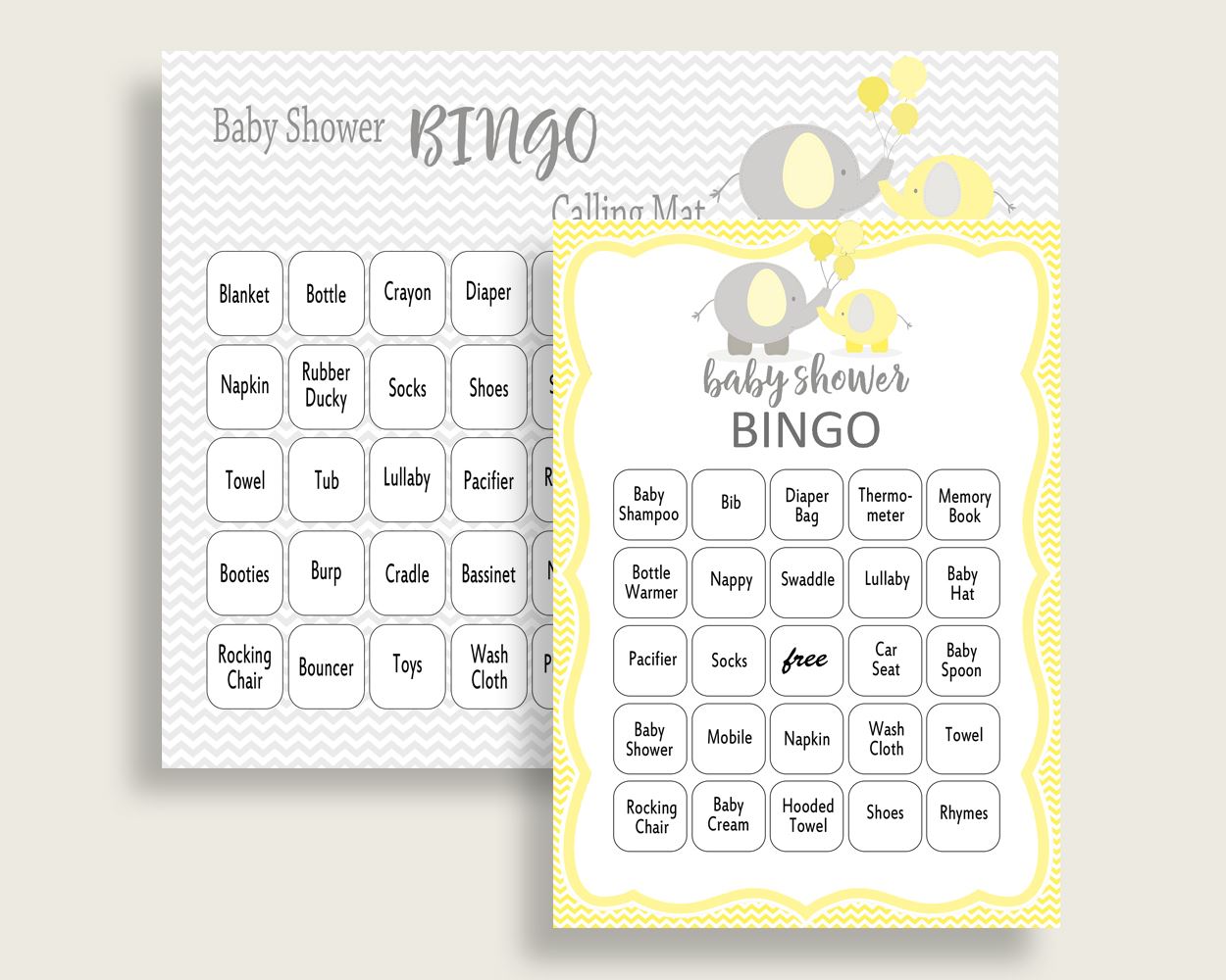 Bingo Baby Shower Bingo Yellow Baby Shower Bingo Baby Shower Elephant Bingo Yellow Gray party theme baby shower idea printables W6ZPZ