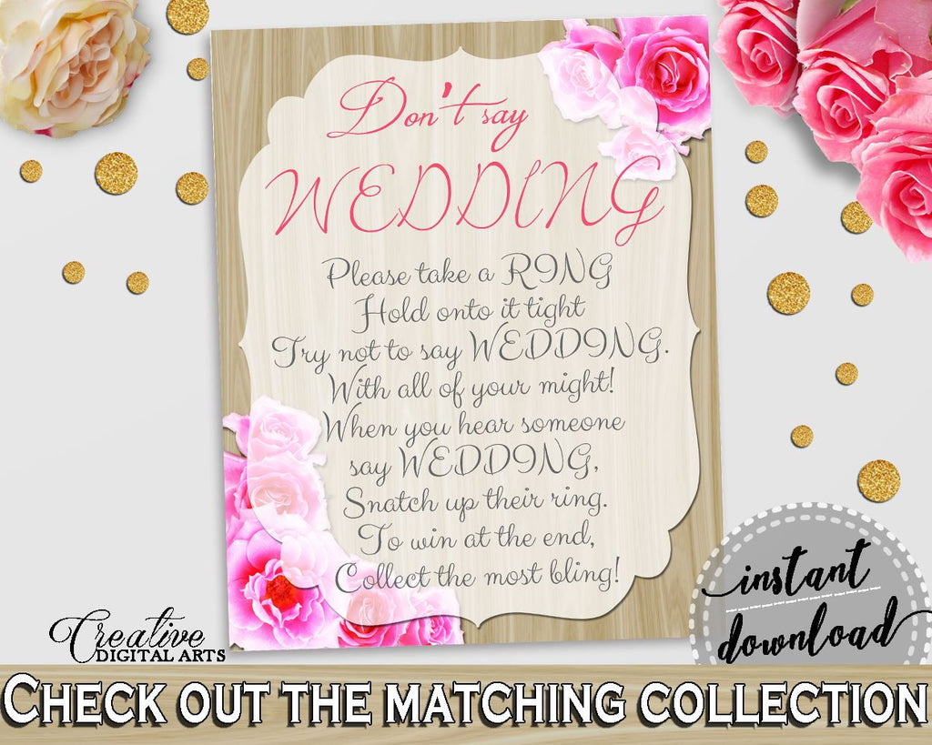 Pink And Beige Roses On Wood Bridal Shower Theme: Don't Say Wedding Game - wedding shower game, light shower, paper supplies, prints - B9MAI - Digital Product
