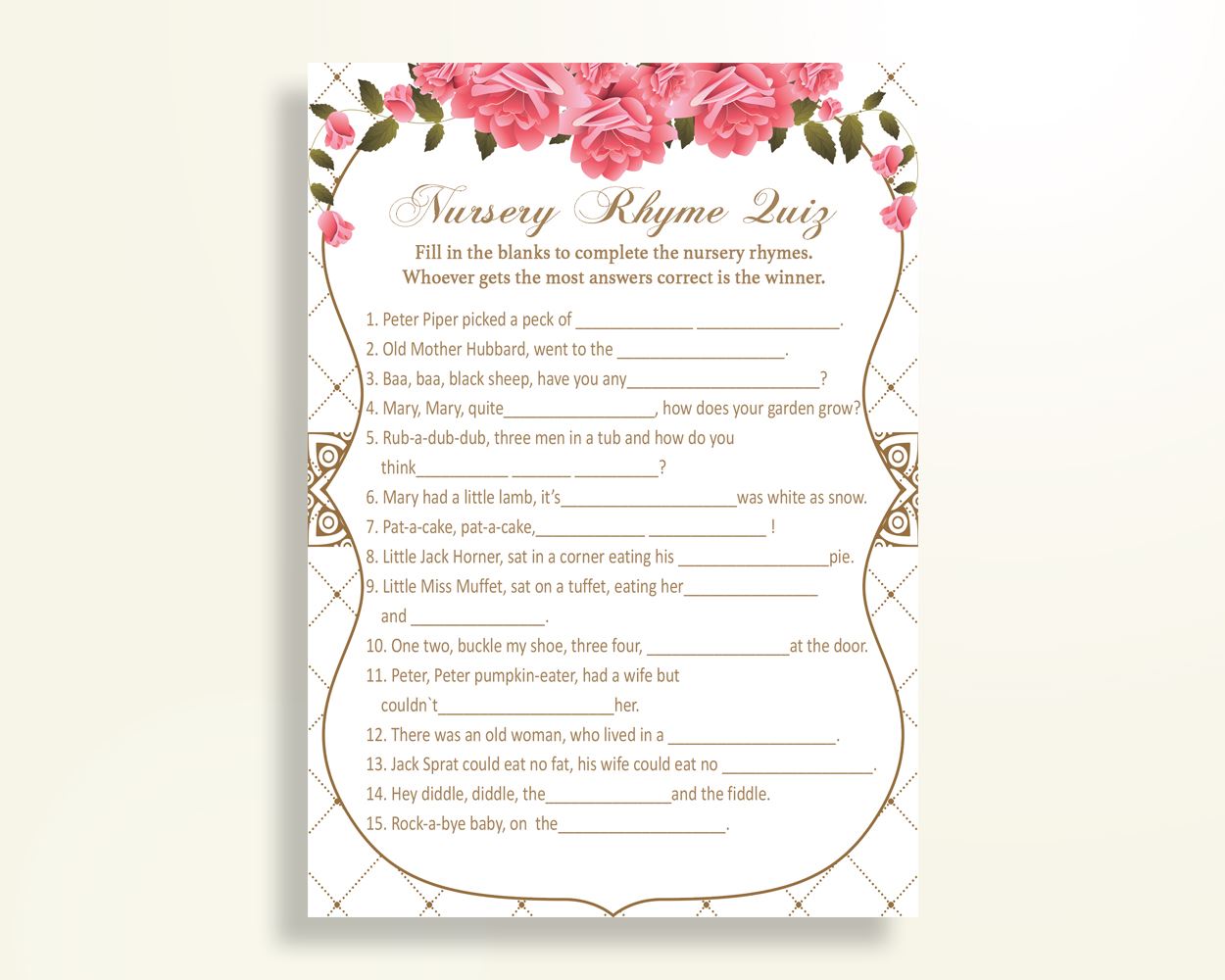 Nursery Rhyme Quiz Baby Shower Nursery Rhyme Quiz Roses Baby Shower Nursery Rhyme Quiz Baby Shower Roses Nursery Rhyme Quiz Pink White U3FPX - Digital Product