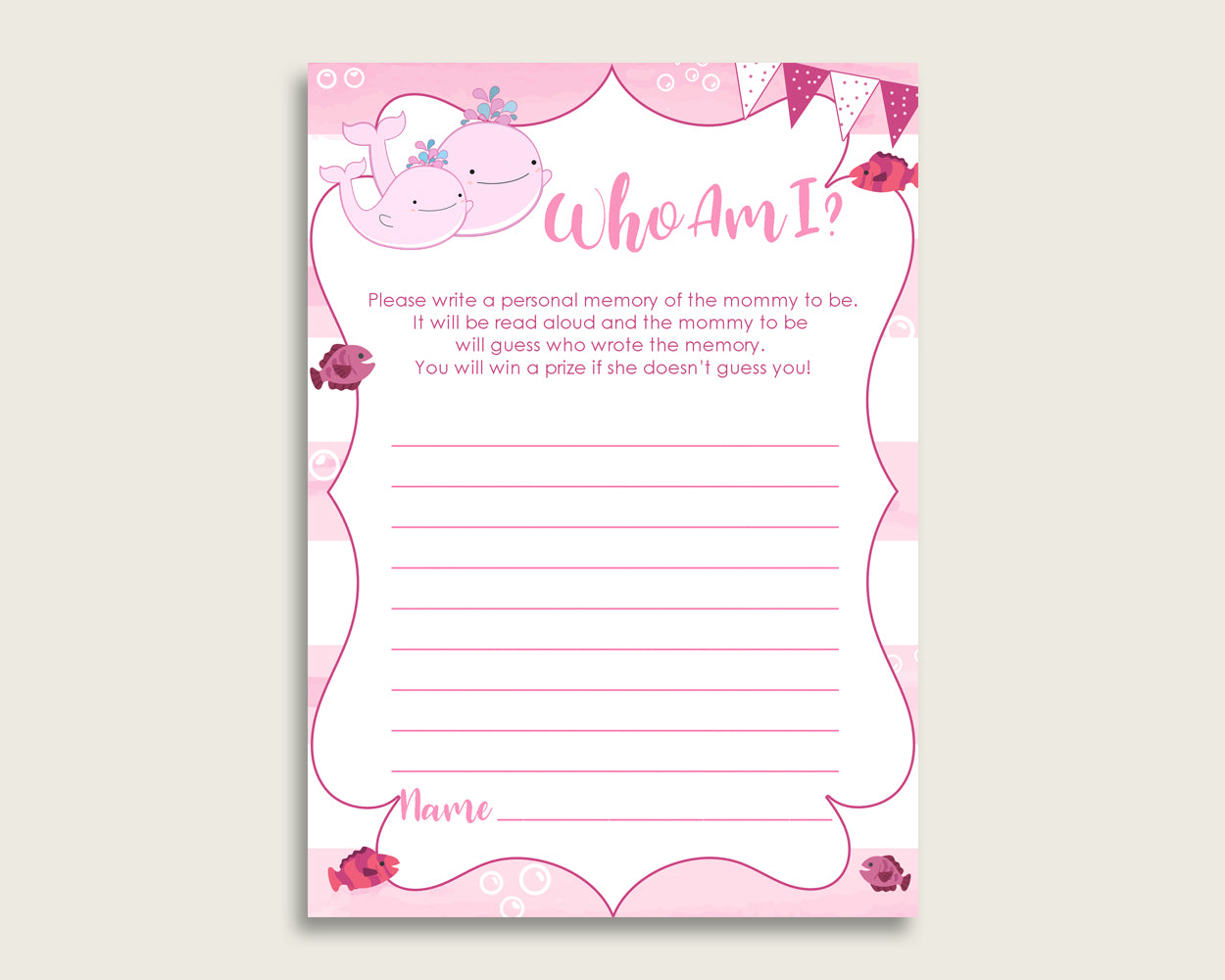 Pink Whale Who Am I Game Printable, Girl Baby Shower Memory With Mommy, Pink White Baby Shower Activity, Instant Download, Popular wbl02