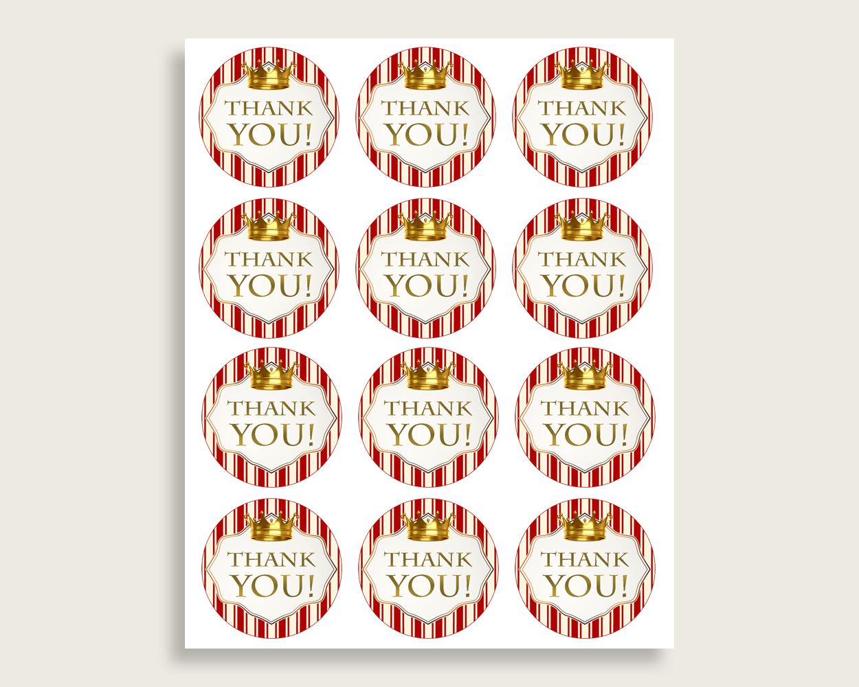 Prince Baby Shower Round Thank You Tags 2 inch Printable, Red Gold Favor Gift Tags, Boy Shower Hang Tags Labels, Digital File 92EDX