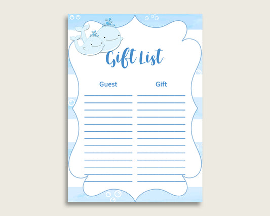 Whale Baby Shower Gift List, Blue White Gift List Printable, Boy Baby Shower Gift Checklist Sheet, Instant Download, Light Blue wbl01