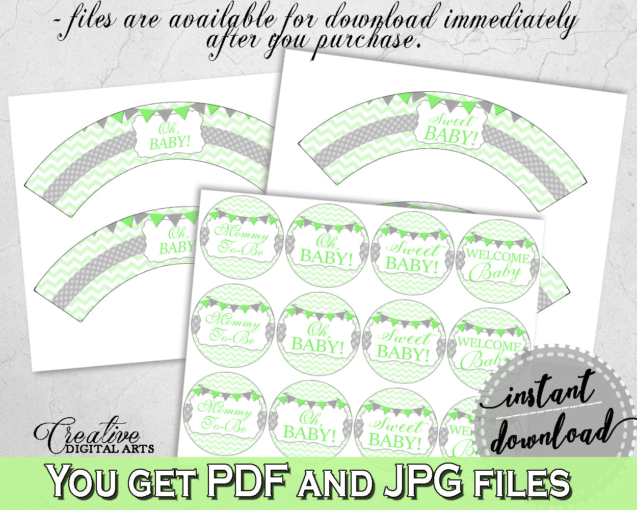 Baby shower girl boy CUPCAKE TOPPERS and cupcake WRAPPERS printable with chevron green theme, instant download - cgr01