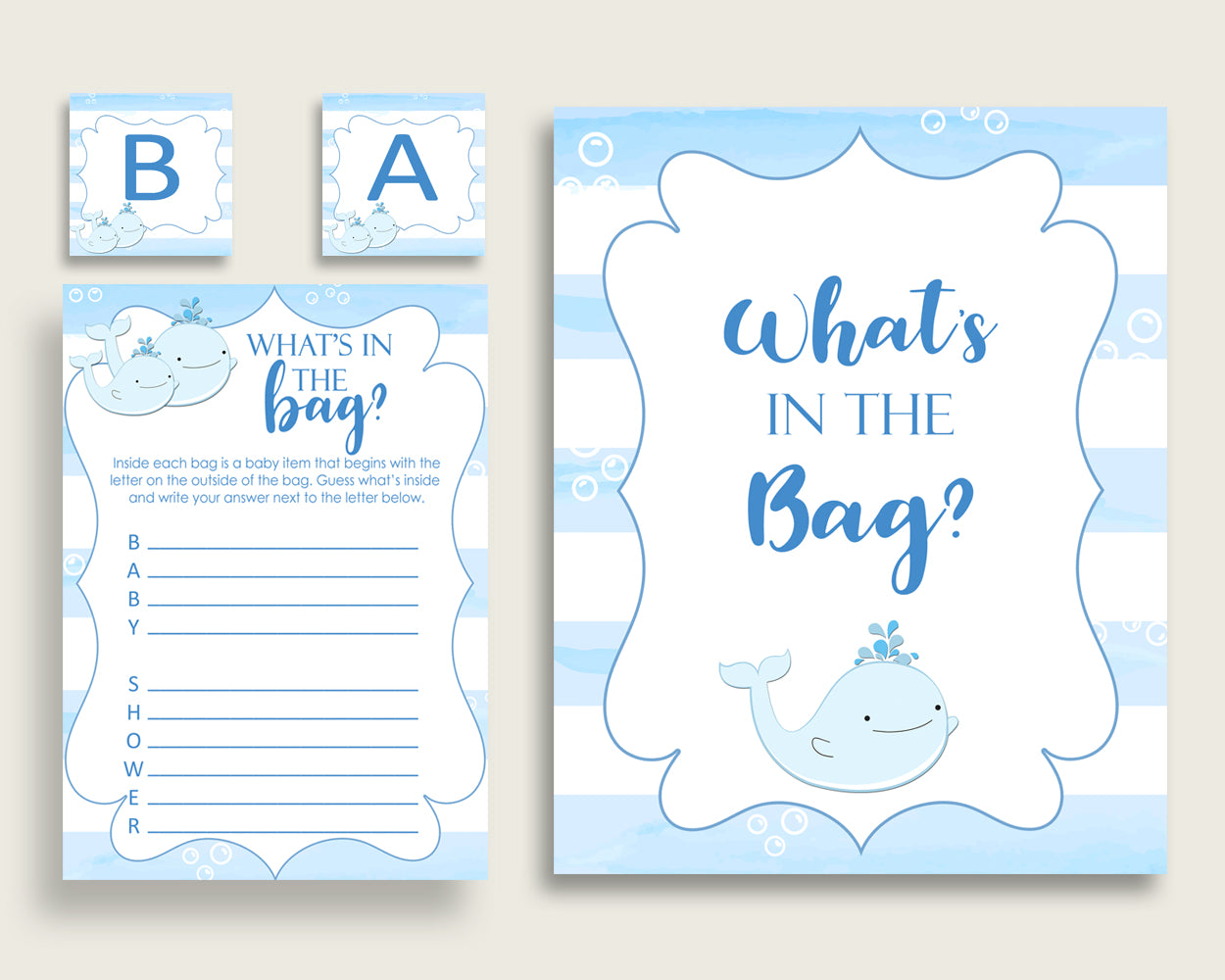 Whale Baby Shower What's In The Bag Game, Blue White Boy Bag Game Printable, Instant Download, Nautical Sea Watercolor Stripes wbl01