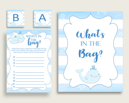 Whale Baby Shower What's In The Bag Game, Blue White Boy Bag Game Printable, Instant Download, Nautical Sea Watercolor Stripes wbl01