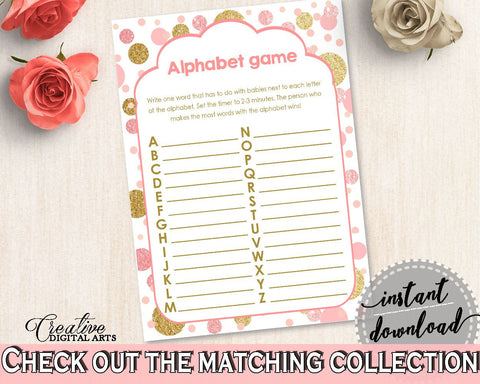Alphabet Game, Baby Shower Alphabet Game, Dots Baby Shower Alphabet Game, Baby Shower Dots Alphabet Game Pink Gold party decorations - RUK83 - Digital Product
