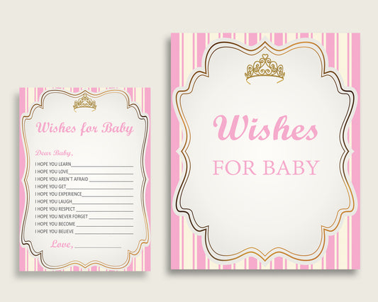 Pink Gold Wishes For Baby Cards & Sign, Royal Princess Baby Shower Girl Well Wishes Game Printable, Instant Download, Queen Heiress rp002