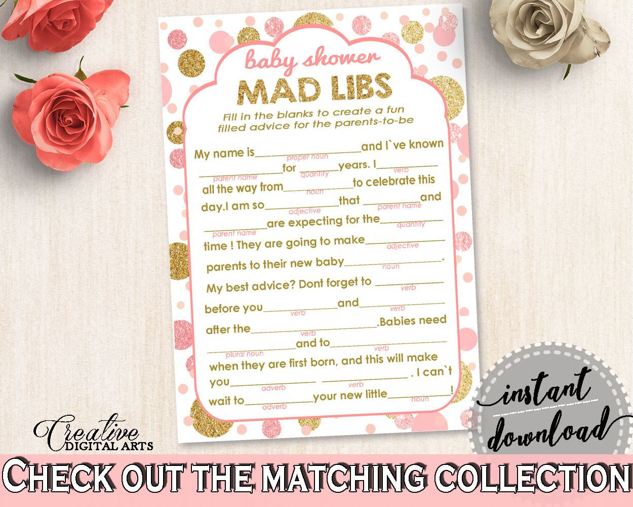 Pink Gold Mad Libs, Baby Shower Mad Libs, Dots Baby Shower Mad Libs, Baby Shower Dots Mad Libs party decor - RUK83 - Digital Product