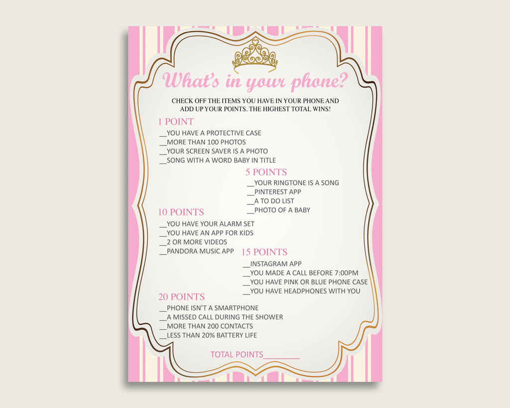 Pink Gold What's In Your Phone Game, Royal Princess Baby Shower Girl, What's In Your Cell Phone Printable, Instant Download, Glamorous rp002