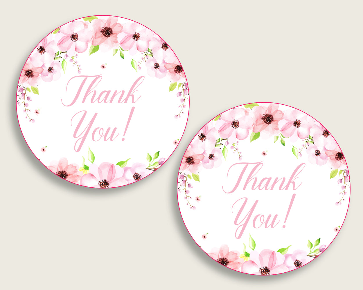 Flower Blush Baby Shower Round Thank You Tags 2 inch Printable, Pink Green Favor Gift Tags, Girl Shower Hang Tags Labels, Digital File VH1KL