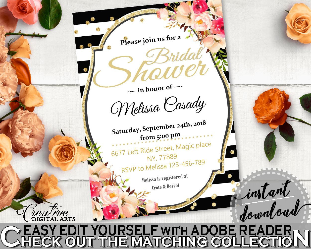 Black And Gold Flower Bouquet Black Stripes Bridal Shower Theme: Editable Bridal Shower Invitation - edit yourself invite, prints - QMK20 - Digital Product