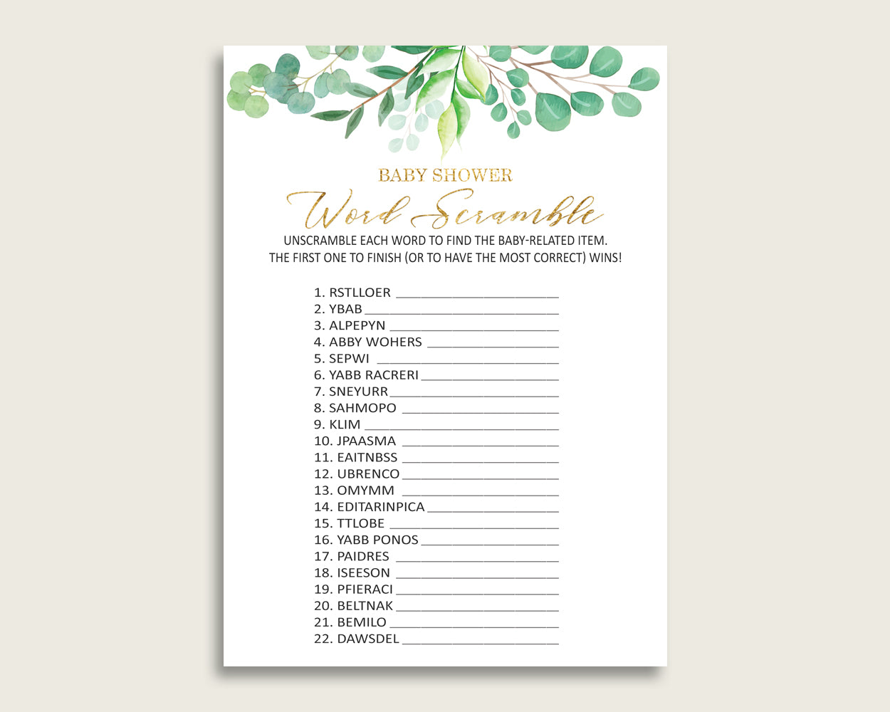 Gender Neutral Baby Shower Word Scramble Game Printable, Cute Greenery Green Gold Word Scramble, Funny Activity, Instant Download, Y8X33