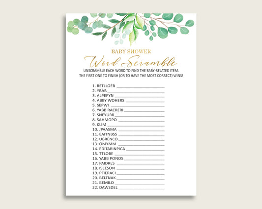 Gender Neutral Baby Shower Word Scramble Game Printable, Cute Greenery Green Gold Word Scramble, Funny Activity, Instant Download, Y8X33