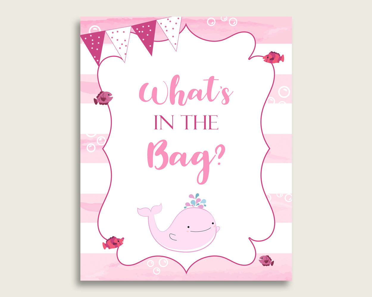 Pink Whale Baby Shower What's In The Bag Game, Pink White Girl Bag Game Printable, Instant Download, Popular Sea Animals Baby Whale wbl02