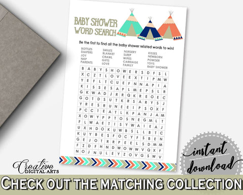 Word Search Baby Shower Word Search Tribal Teepee Baby Shower Word Search Baby Shower Tribal Teepee Word Search Green Navy - KS6AW - Digital Product