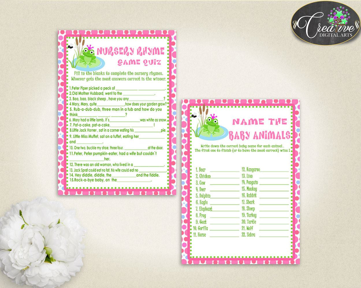 Frog Baby Shower Games, girl baby shower games, baby shower games printable, pink dots games, jpg pdf, digital, Instant Download - bsf01 - Digital Product