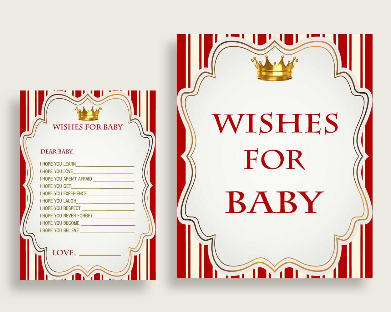 Red Gold Wishes For Baby Cards & Sign, Prince Baby Shower Boy Well Wishes Game Printable, Instant Download, Little Prince Cute Theme 92EDX