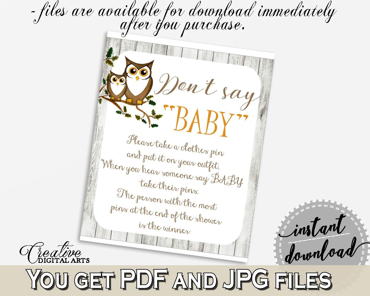 Dont Say Baby Baby Shower Dont Say Baby Owl Baby Shower Dont Say Baby Baby Shower Owl Dont Say Baby Gray Brown printables, pdf jpg 9PUAC - Digital Product