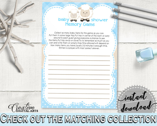 Baby Shower Boy MEMORY little lamb game blue printable, blue baby shower boy sheep theme, digital file, Jpg Pdf, instant download - fa001