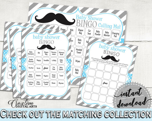 Bingo 60 Cards, Baby Shower Bingo 60 Cards, Mustache Baby Shower Bingo 60 Cards, Baby Shower Mustache Bingo 60 Cards Blue Gray paper 9P2QW - Digital Product