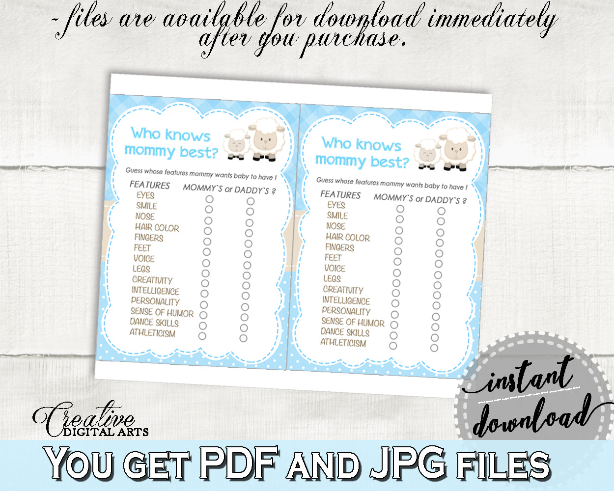 Little Lamb Blue Baby Shower Who KNOWS MOMMY BEST game, sheep boy shower theme printable, digital files Jpg Pdf, instant download - fa001