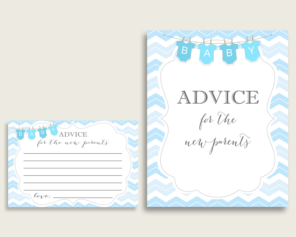 Chevron Advice For Mommy To Be Cards & Sign, Printable Baby Shower Blue White Advice For New Parents, Instant Download, Light Blue cbl01